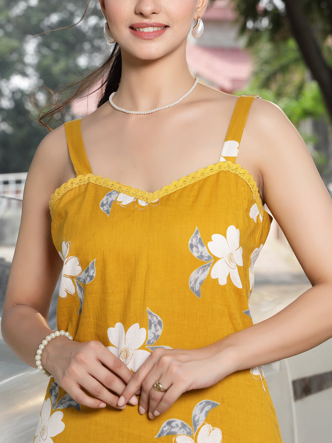 Mustard Floral Printed Cotton Straight Kurta Palazzo Set