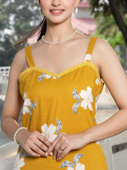 Mustard Floral Printed Cotton Straight Kurta Palazzo Set