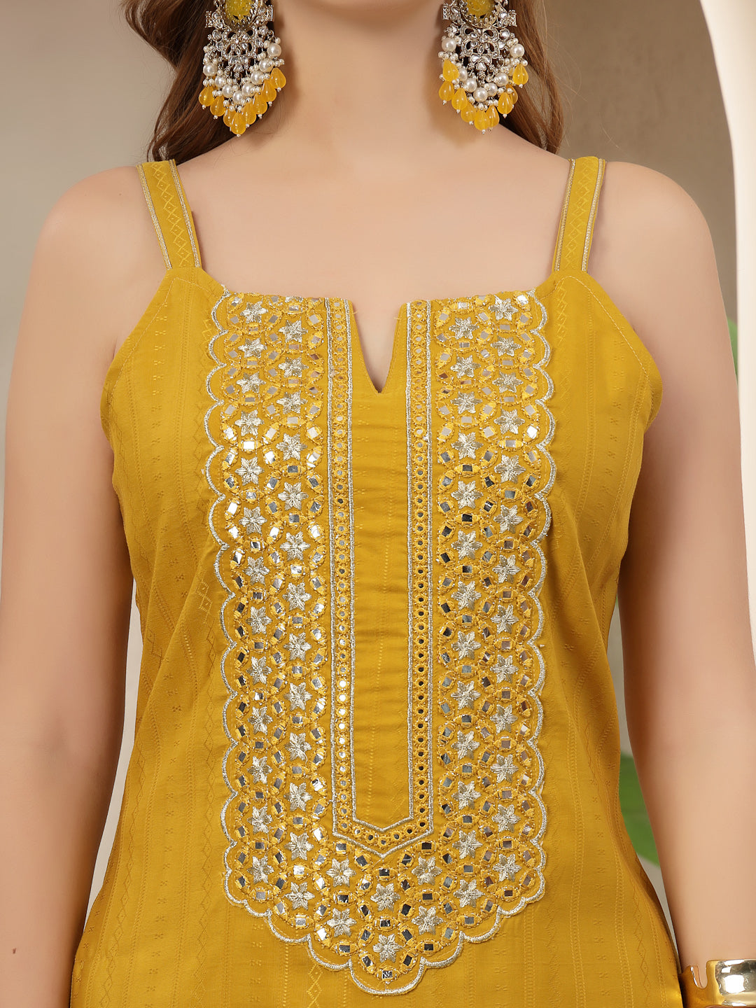 Woven Design &amp; Embroidered Cotton Blend Straight Kurta Palazzo Set