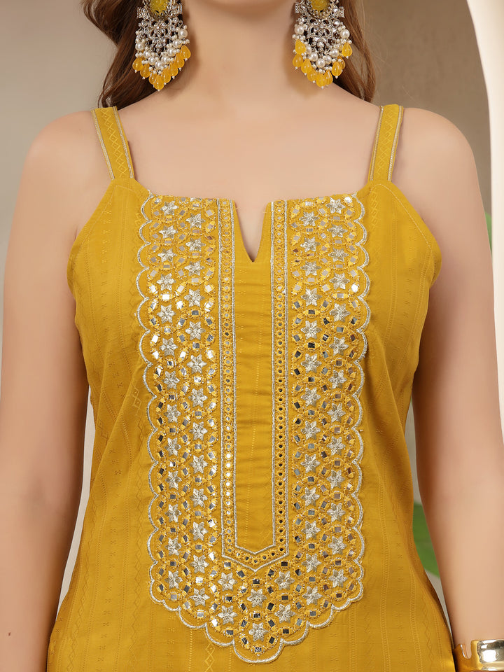 Woven Design &amp; Embroidered Cotton Blend Straight Kurta Palazzo Set