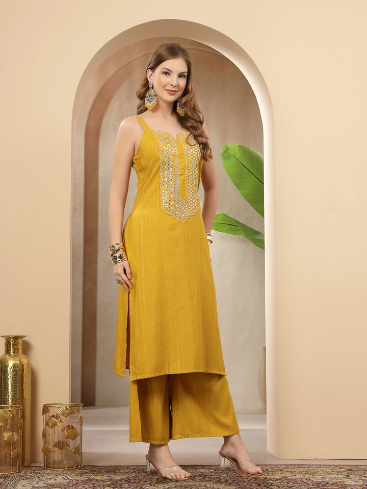 Woven Design &amp; Embroidered Cotton Blend Straight Kurta Palazzo Set