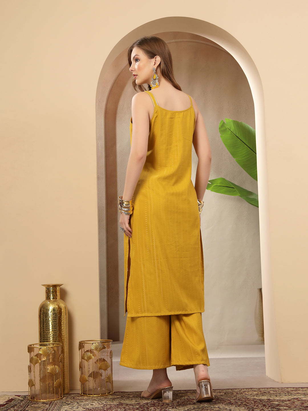 Woven Design &amp; Embroidered Cotton Blend Straight Kurta Palazzo Set