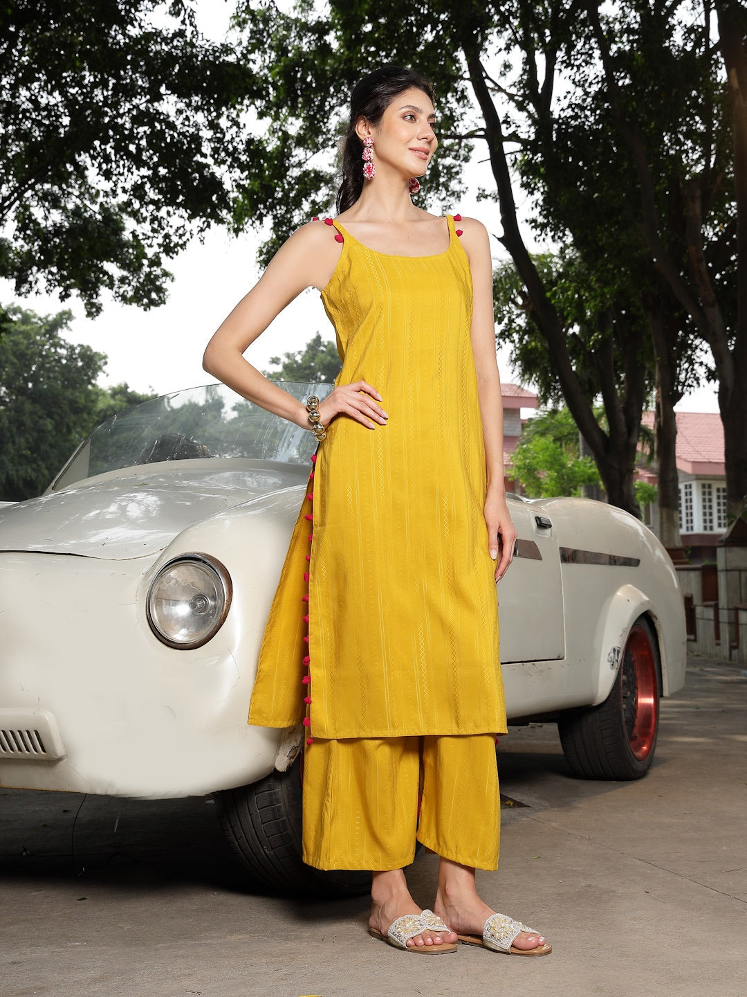 Mustard Woven Design Rayon Straight Kurta Palazzo Set