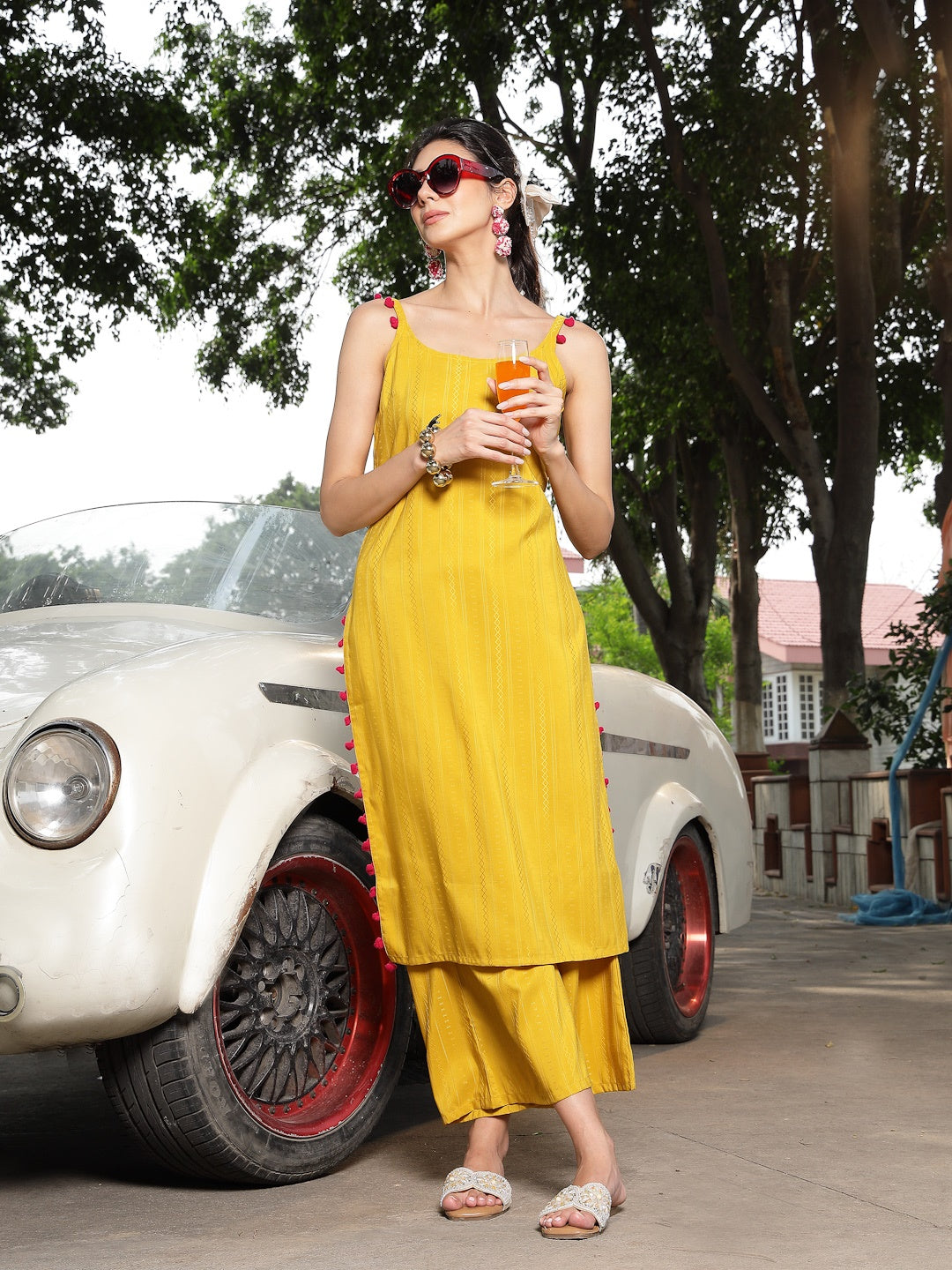 Mustard Woven Design Rayon Straight Kurta Palazzo Set