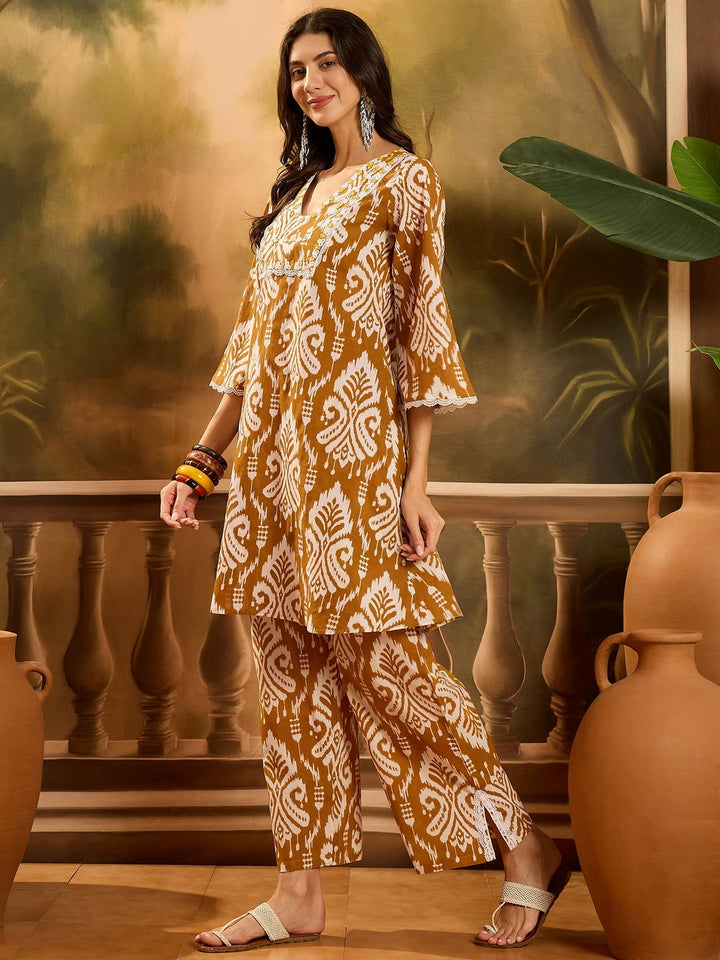 Mustard Ikat Printed Cotton A-Line Kurta Pant Set