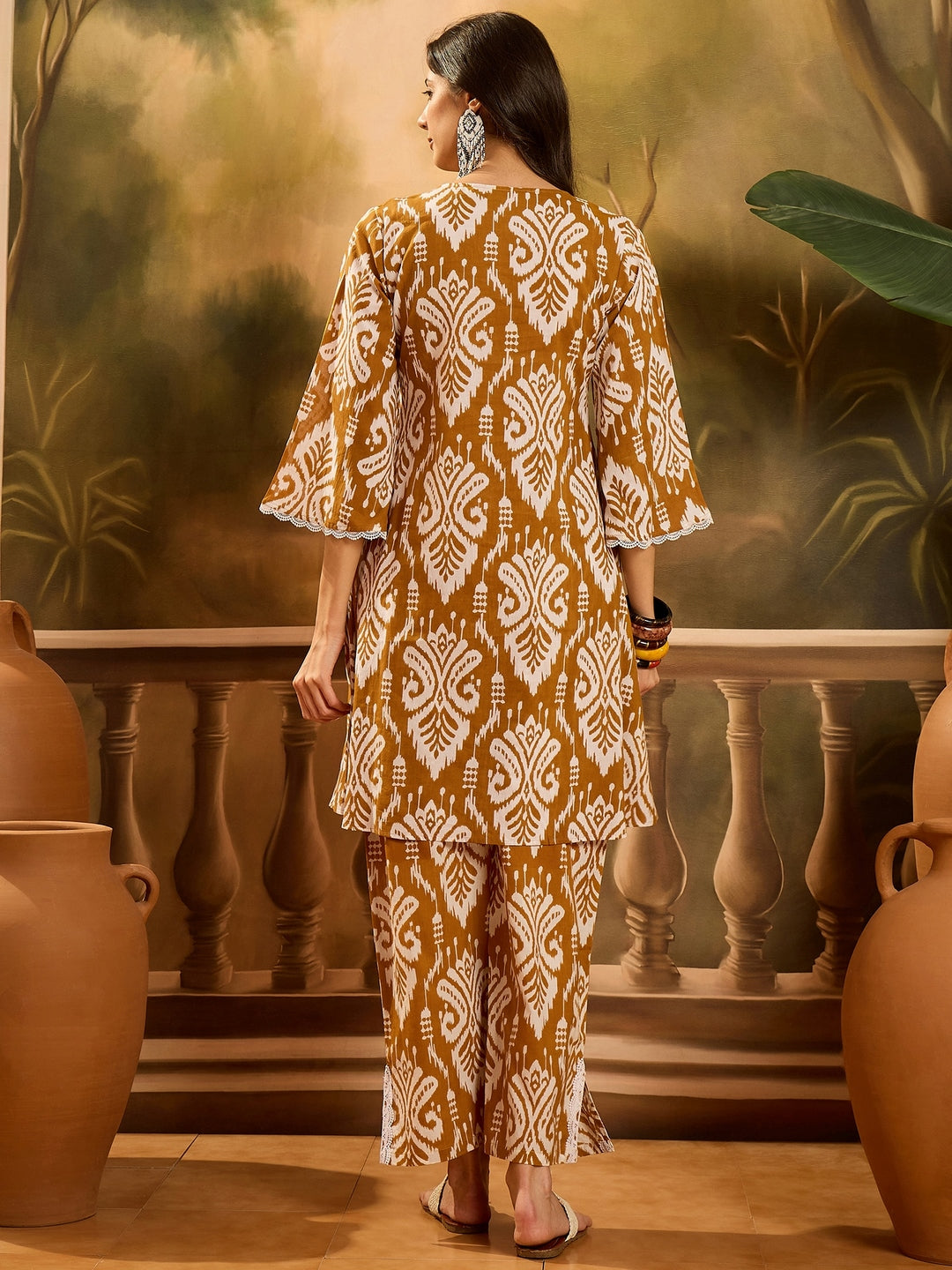 Mustard Ikat Printed Cotton A-Line Kurta Pant Set