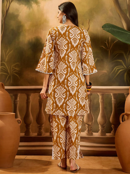 Mustard Ikat Printed Cotton A-Line Kurta Pant Set (Pre-Order)