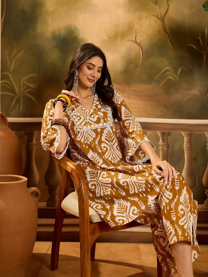 Mustard Ikat Printed Cotton A-Line Kurta Pant Set
