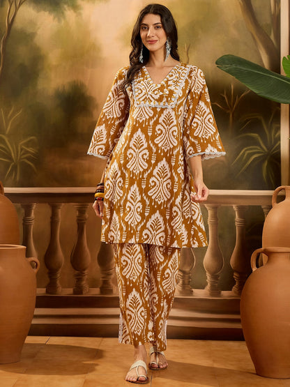 Mustard Ikat Printed Cotton A-Line Kurta Pant Set (Pre-Order)