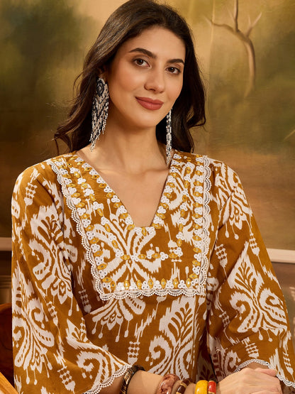 Mustard Ikat Printed Cotton A-Line Kurta Pant Set