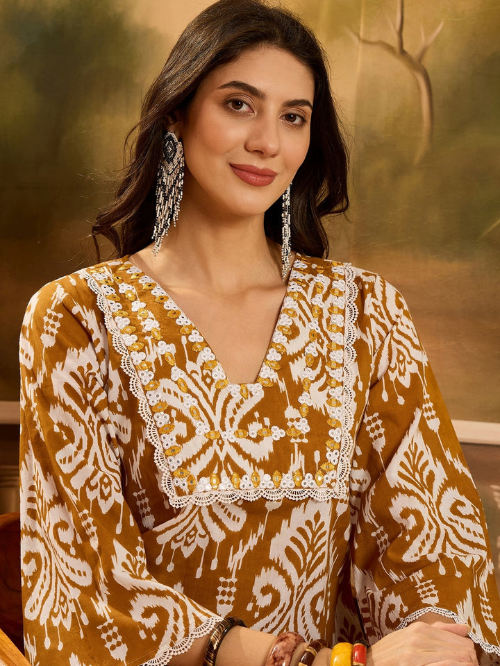 Mustard Ikat Printed Cotton A-Line Kurta Pant Set