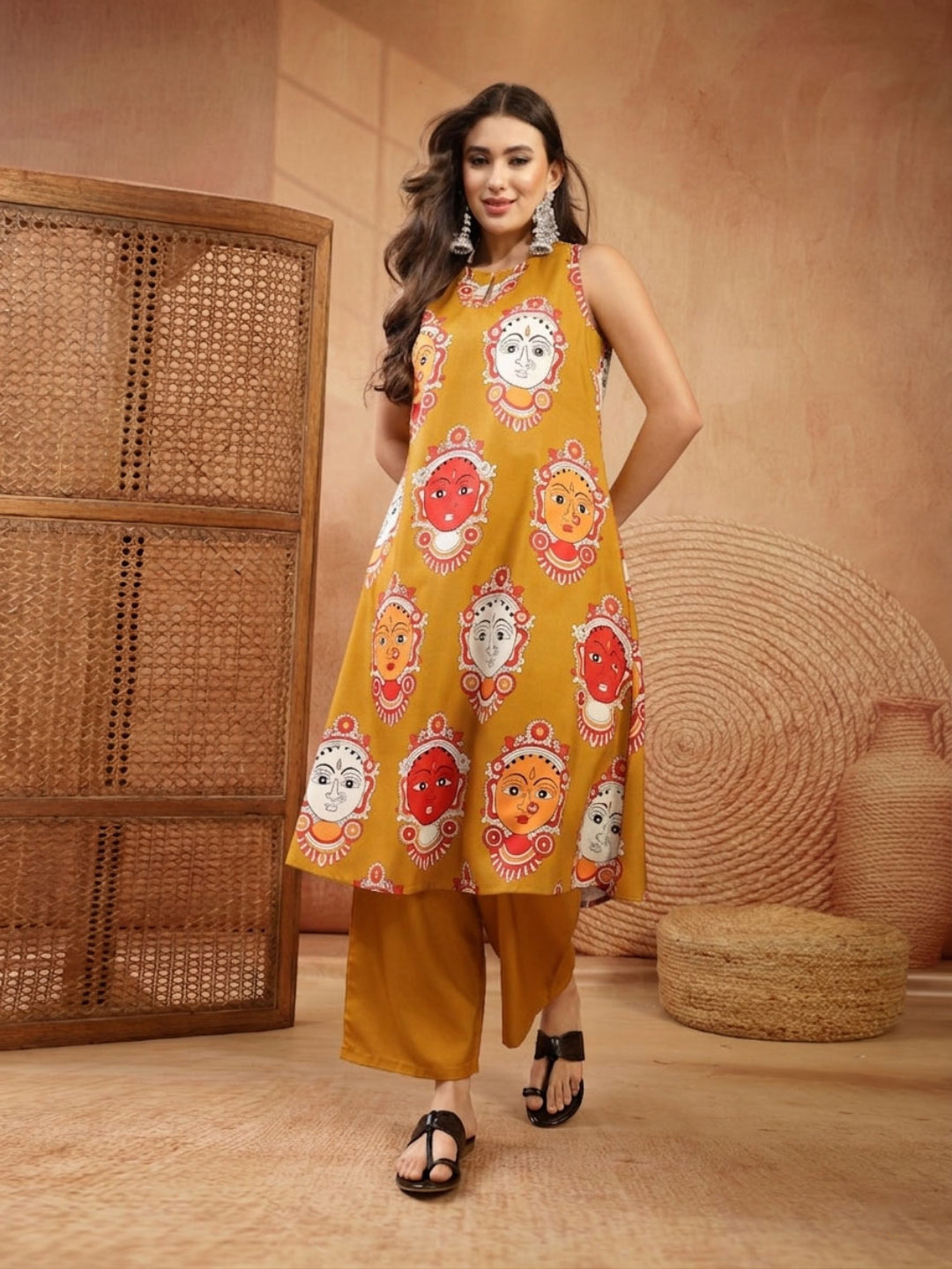 Kalamkari Face Printed Rayon A-Line Kurta Palazzo Set