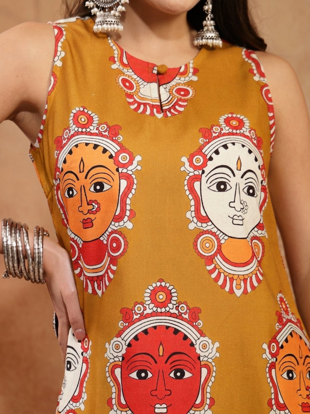 Kalamkari Face Printed Rayon A-Line Kurta Palazzo Set