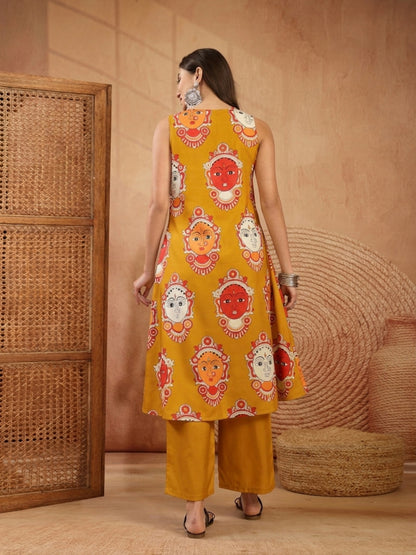 Kalamkari Face Printed Rayon A-Line Kurta Palazzo Set