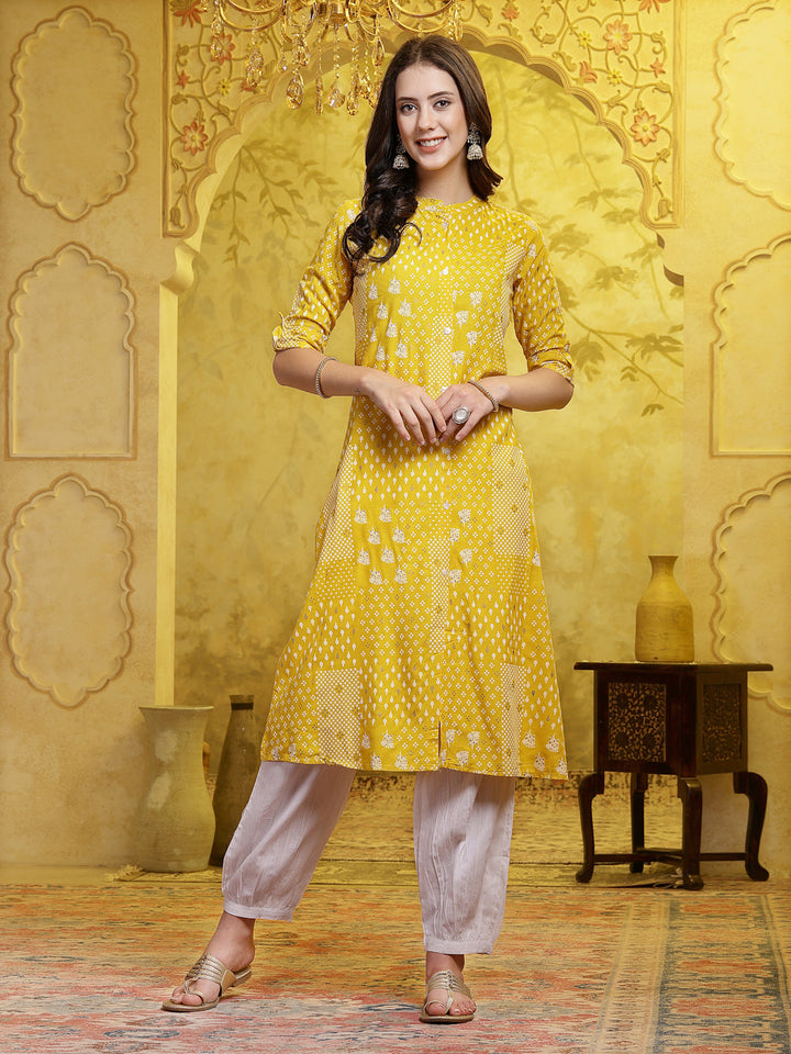 Mustard Printed Rayon A-Line Kurta Pant Set