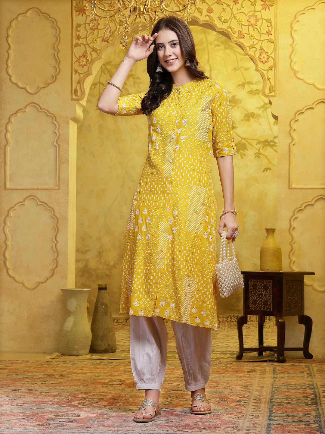 Mustard Printed Rayon A-Line Kurta Pant Set