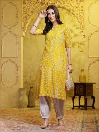 Mustard Printed Rayon A-Line Kurta Pant Set