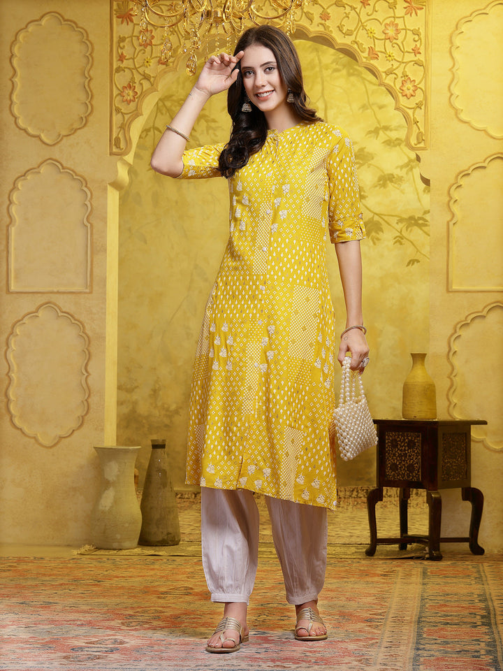 Mustard Printed Rayon A-Line Kurta Pant Set