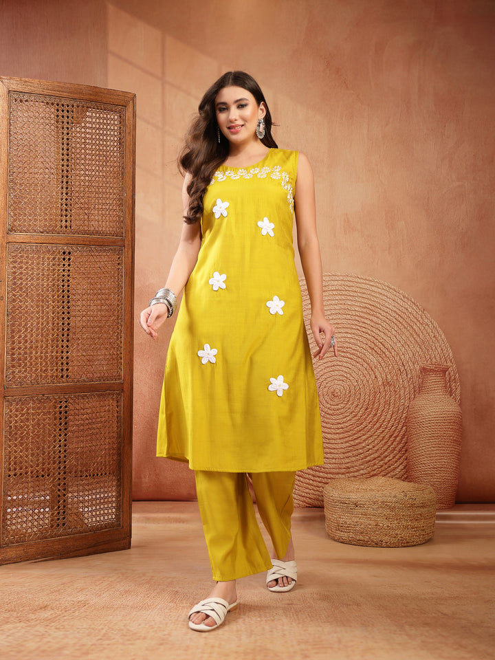 Solid &amp; Embroidered Poly Silk A-Line Kurta Pant Set