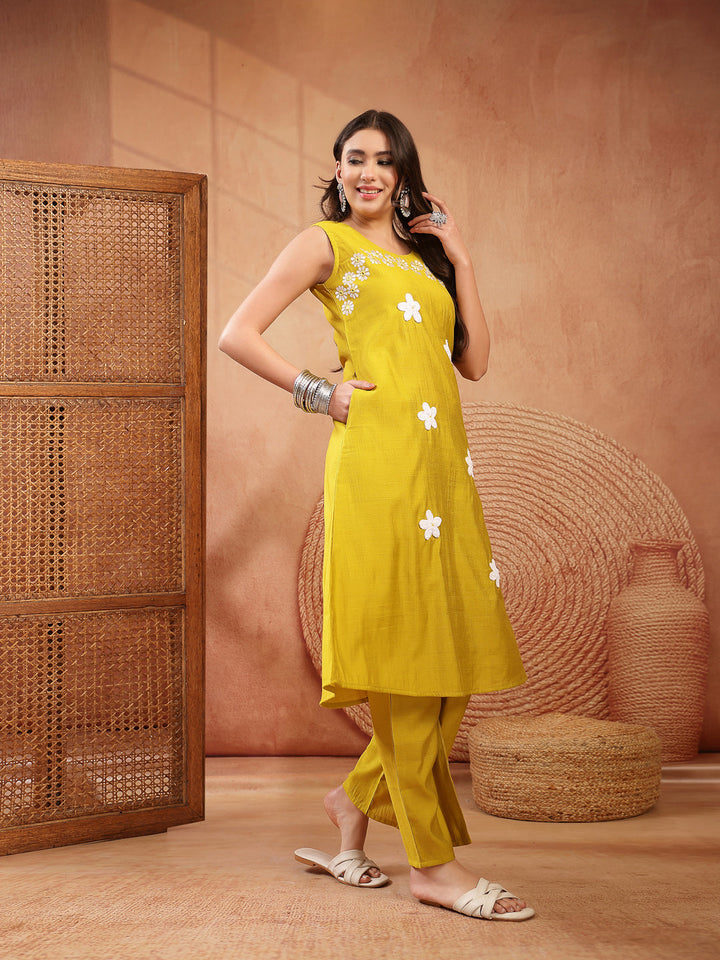 Solid &amp; Embroidered Poly Silk A-Line Kurta Pant Set
