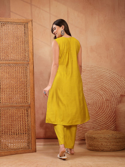 Solid & Embroidered Poly Silk A-Line Kurta Pant Set