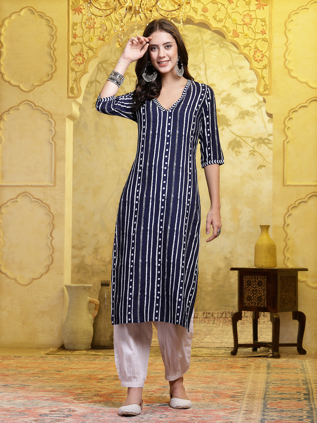 Navy Blue Printed Rayon Straight Kurta Pant Set (Pre-Order)