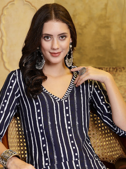 Navy Blue Printed Rayon Straight Kurta Pant Set (Pre-Order)