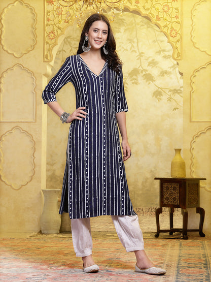 Navy Blue Printed Rayon Straight Kurta Pant Set (Pre-Order)