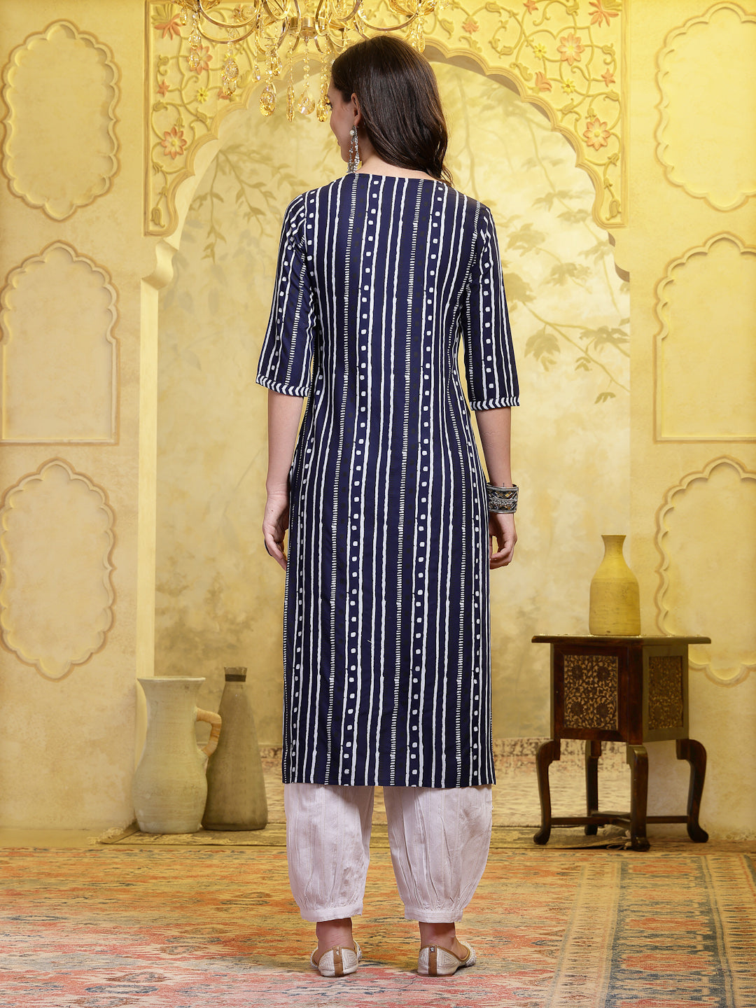 Navy Blue Printed Rayon Straight Kurta Pant Set (Pre-Order)