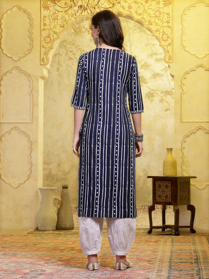 Navy Blue Printed Rayon Straight Kurta Pant Set (Pre-Order)