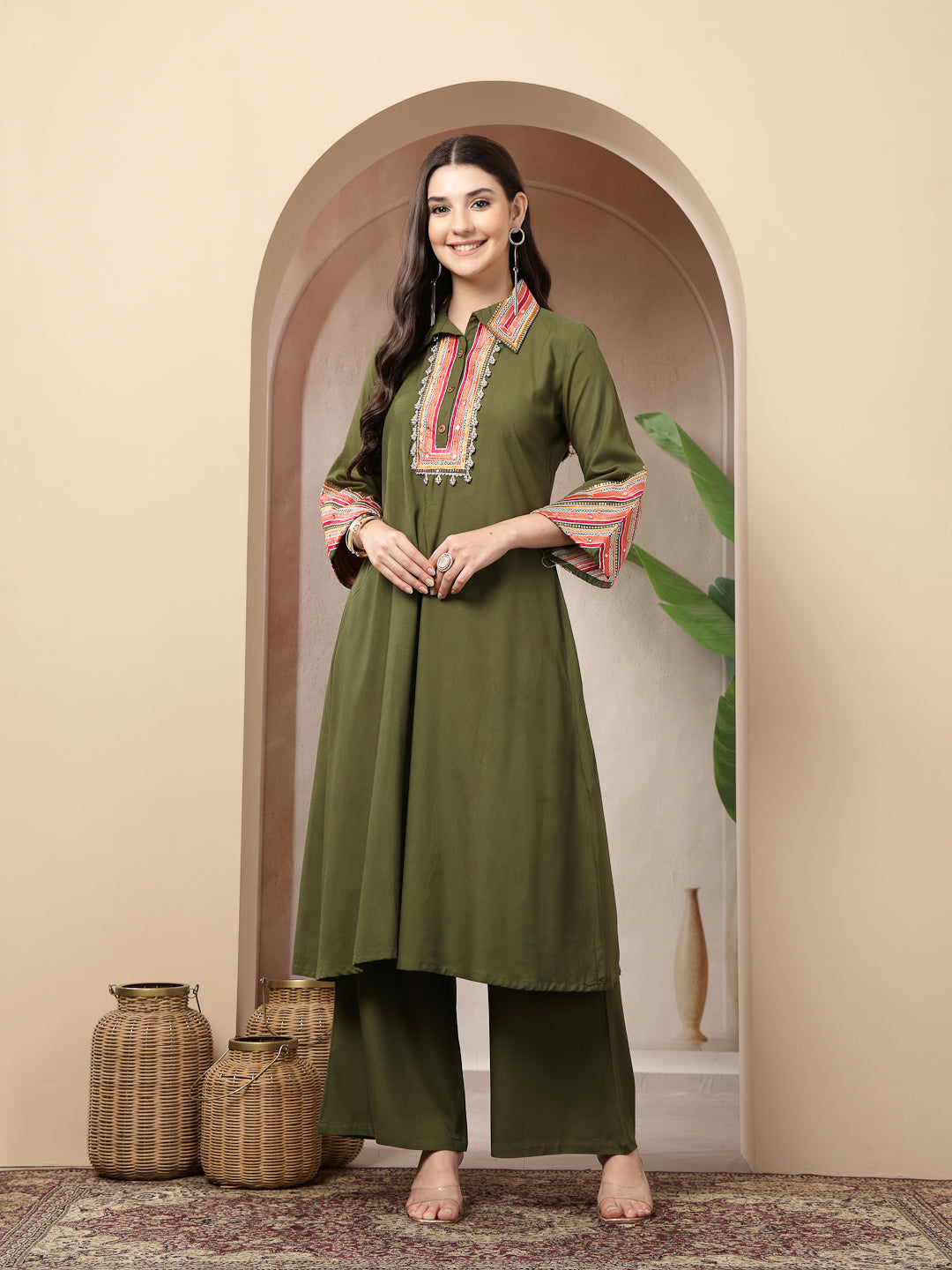 Olive Solid & Embroidered Rayon A-Line Kurta Pant Set