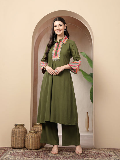 Olive Solid & Embroidered Rayon A-Line Kurta Pant Set