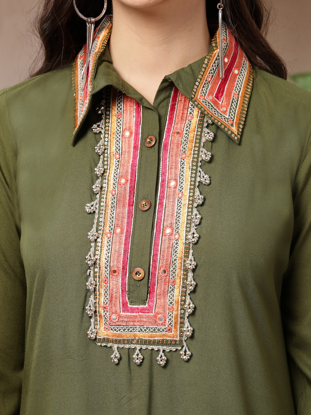 Olive Solid & Embroidered Rayon A-Line Kurta Pant Set