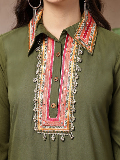 Olive Solid & Embroidered Rayon A-Line Kurta Pant Set