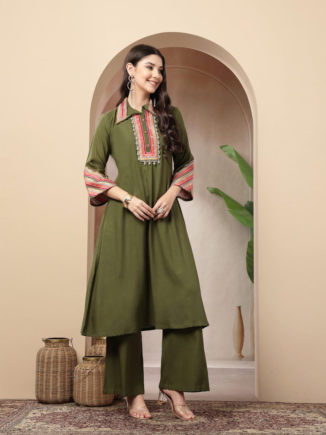 Olive Solid & Embroidered Rayon A-Line Kurta Pant Set