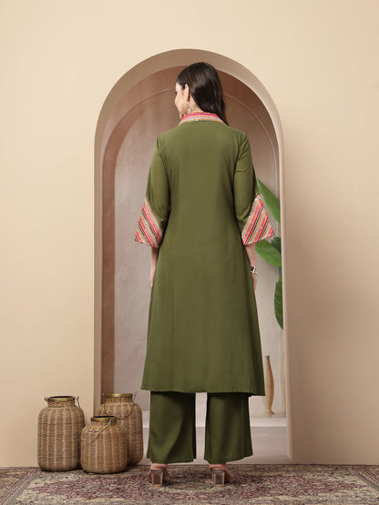 Olive Solid & Embroidered Rayon A-Line Kurta Pant Set