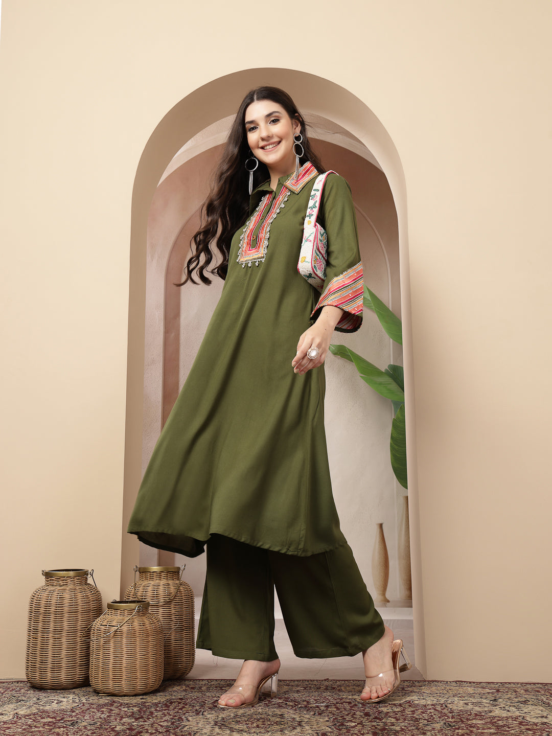 Olive Solid & Embroidered Rayon A-Line Kurta Pant Set