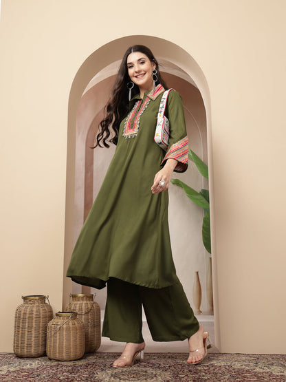 Olive Solid & Embroidered Rayon A-Line Kurta Pant Set