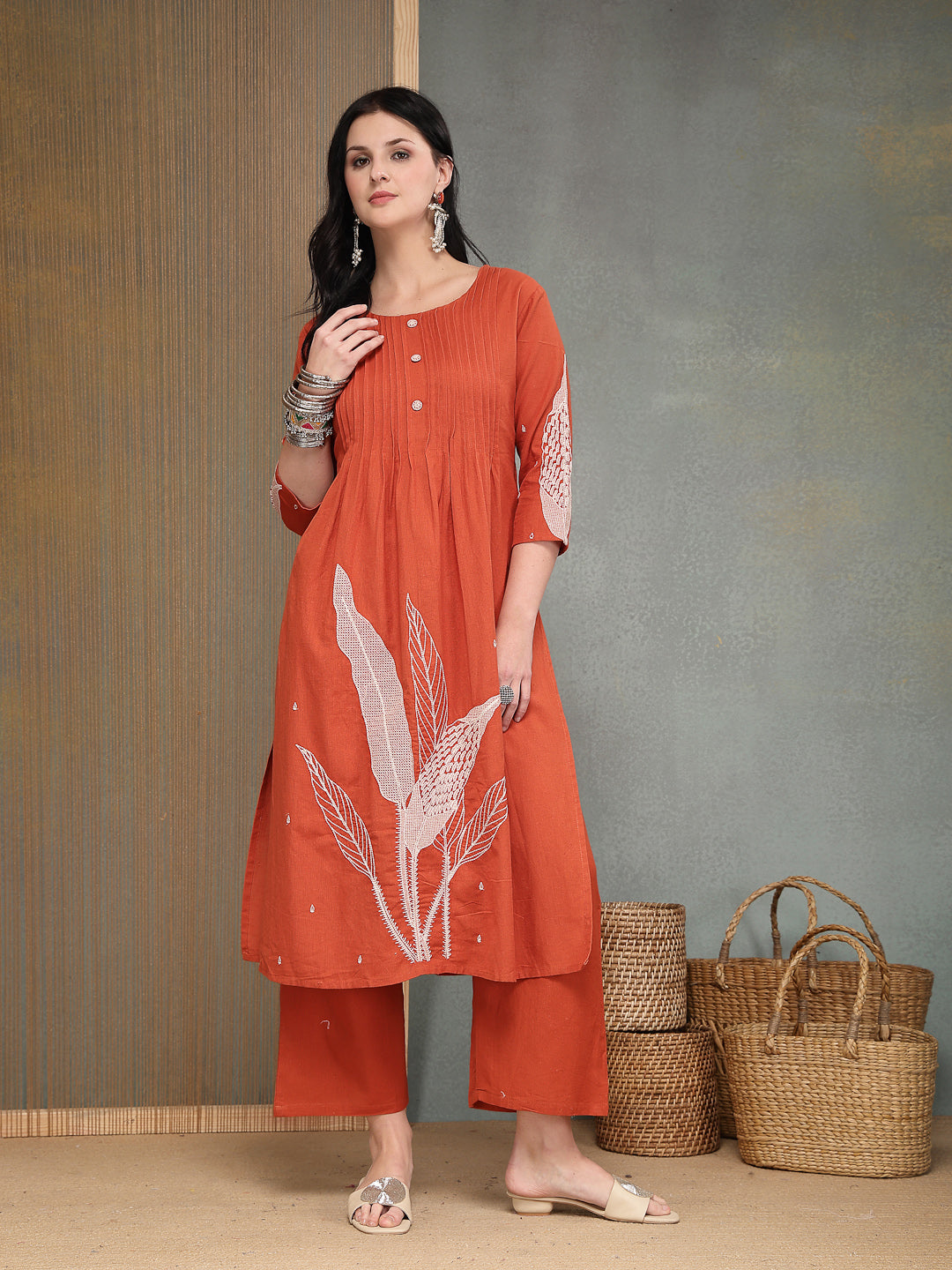 Solid &amp; Embroidered Cotton A-Line Kurta Pant Set