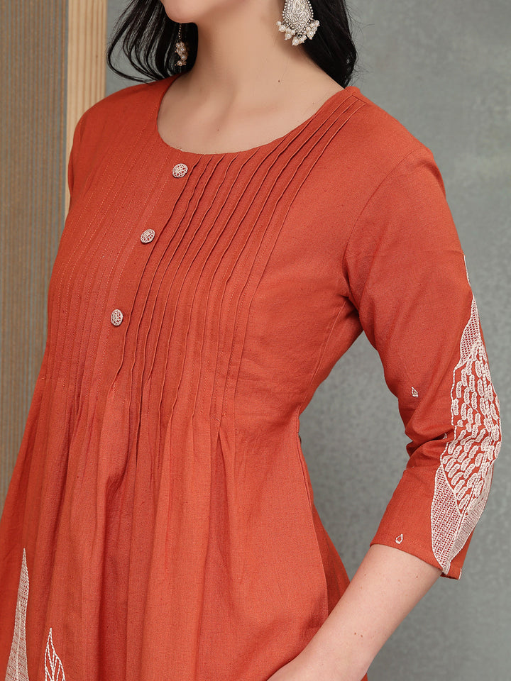 Solid &amp; Embroidered Cotton A-Line Kurta Pant Set
