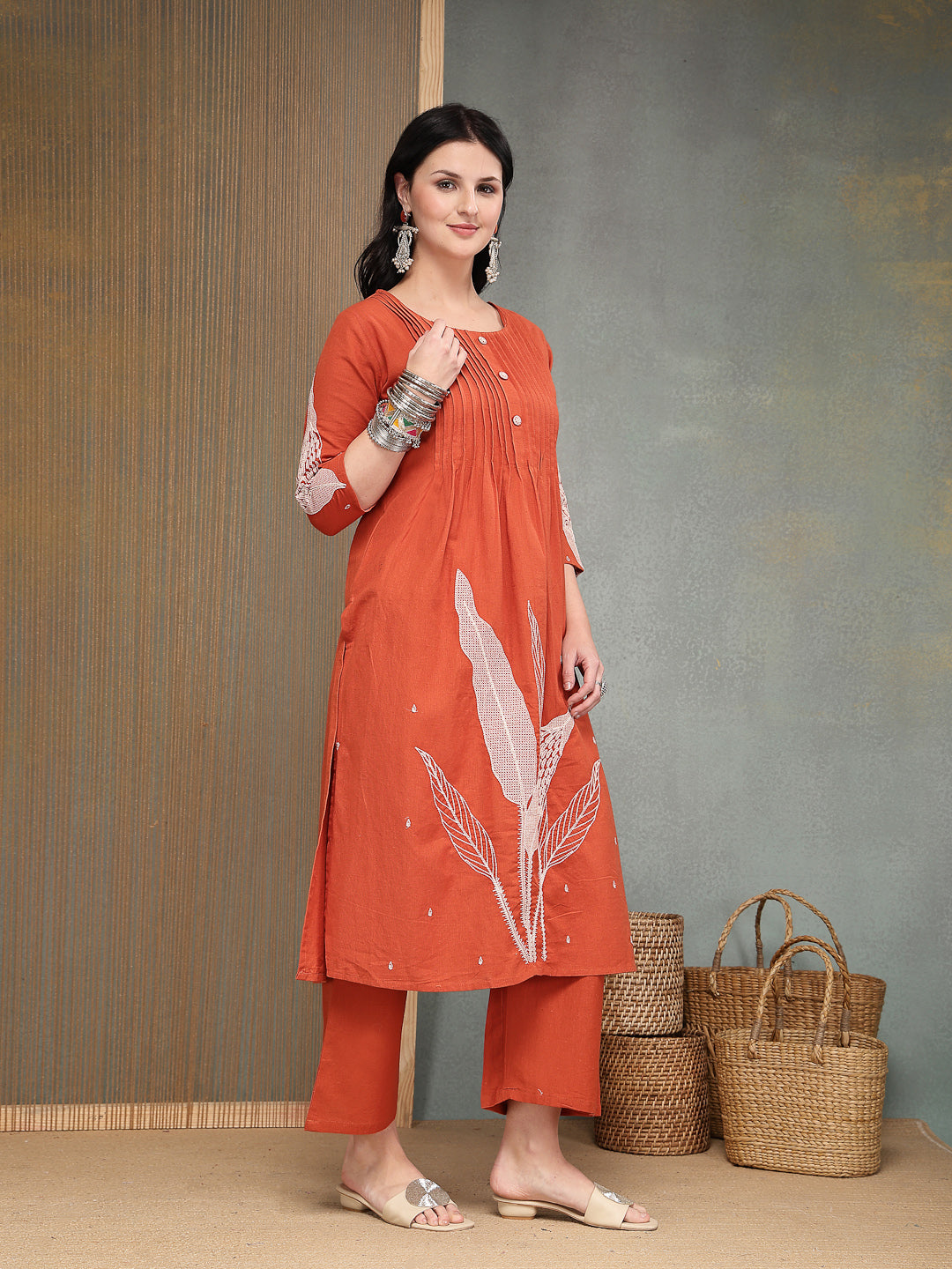 Solid &amp; Embroidered Cotton A-Line Kurta Pant Set
