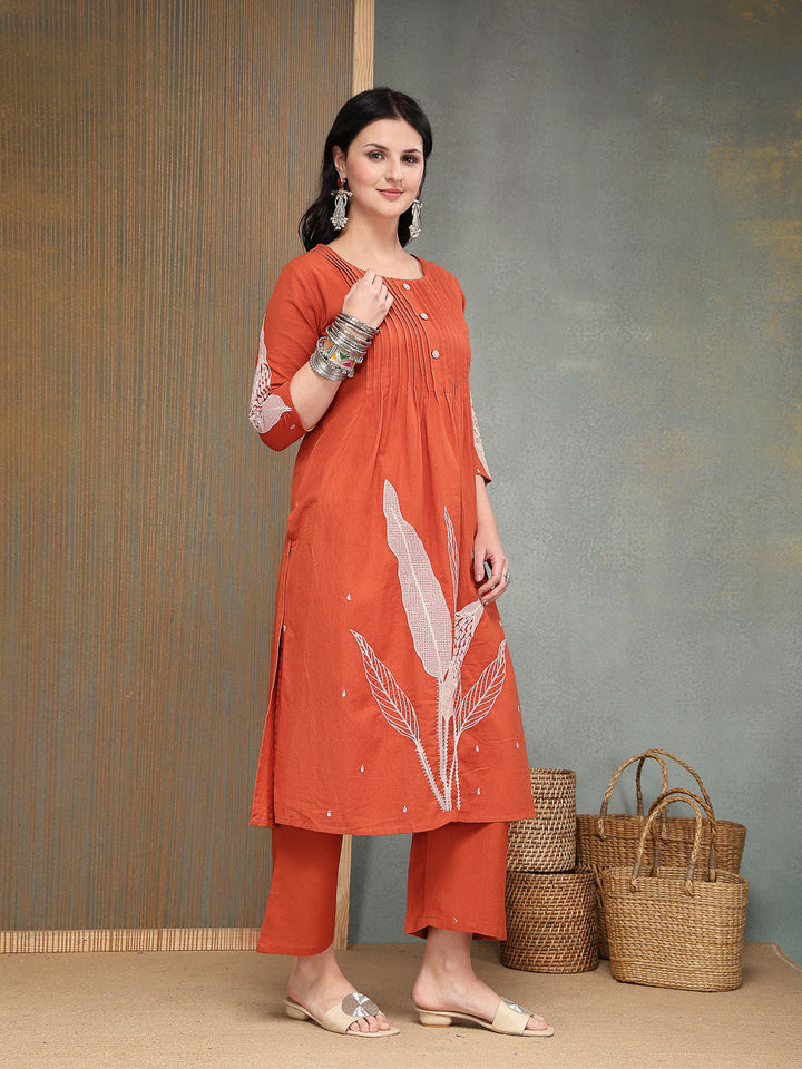 Solid &amp; Embroidered Cotton A-Line Kurta Pant Set