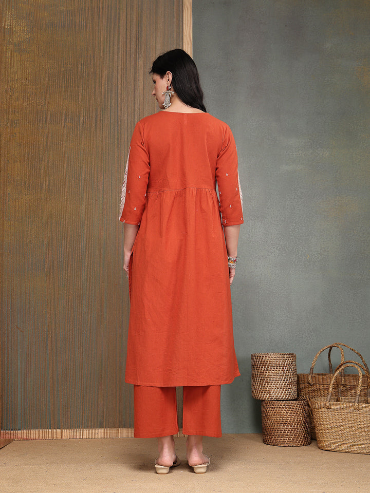 Solid &amp; Embroidered Cotton A-Line Kurta Pant Set