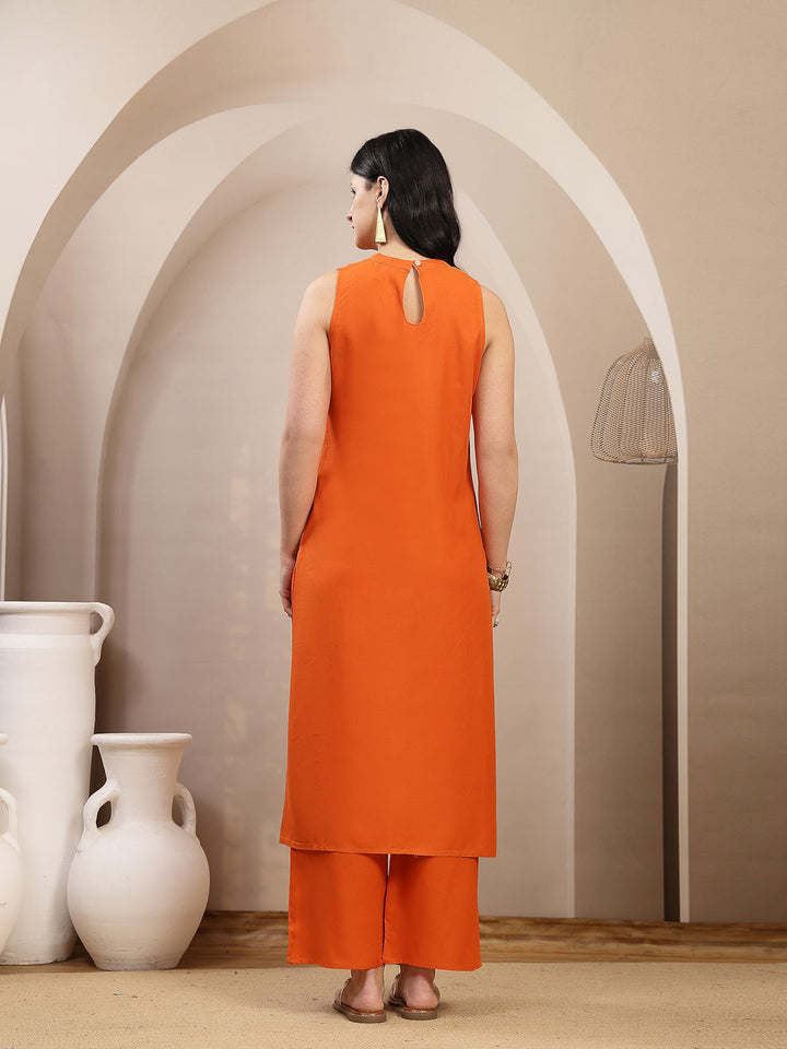 Solid &amp; Embroidered Rayon Straight Kurta Pant Set