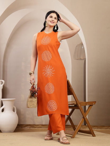 Solid & Embroidered Rayon Straight Kurta Pant Set