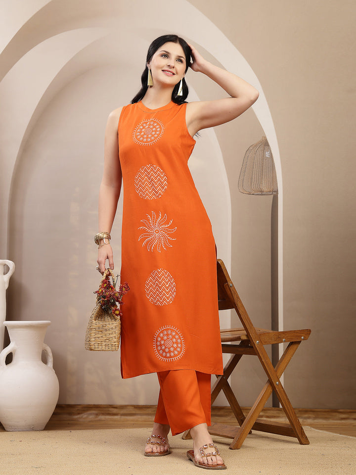 Solid &amp; Embroidered Rayon Straight Kurta Pant Set