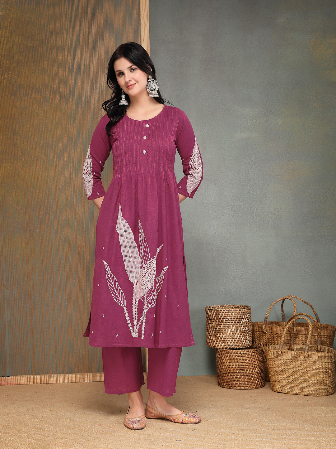 Solid &amp; Embroidered Cotton A-Line Kurta Pant Set