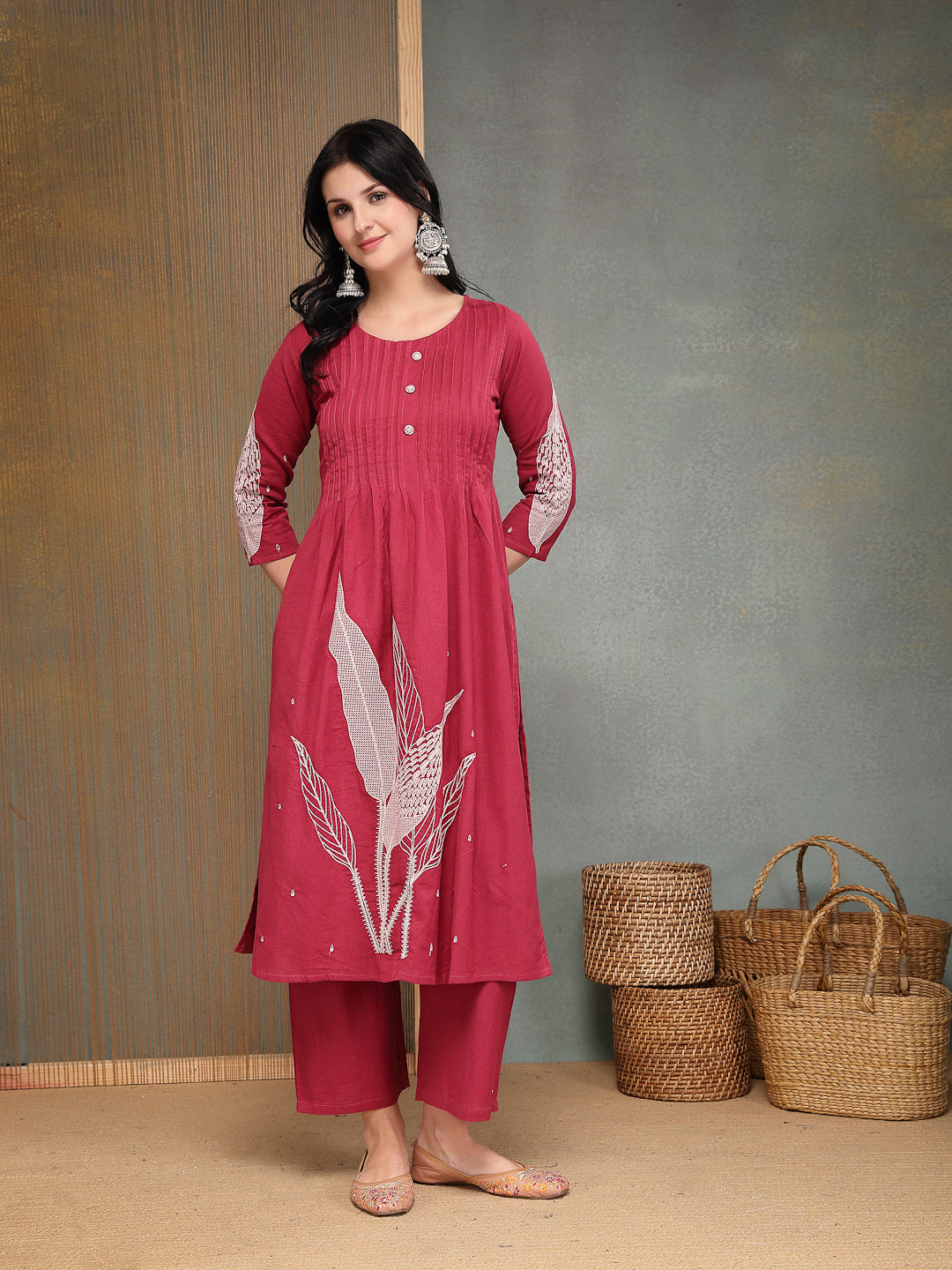 Solid & Embroidered Cotton A-Line Kurta Pant Set