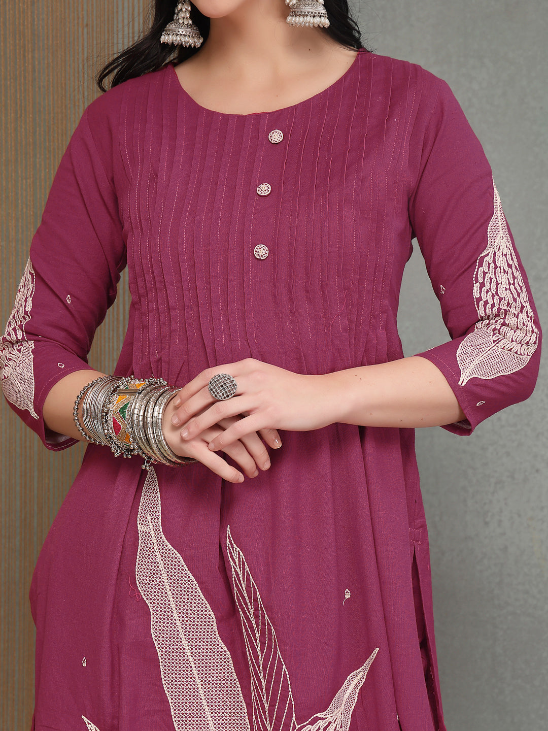 Solid &amp; Embroidered Cotton A-Line Kurta Pant Set
