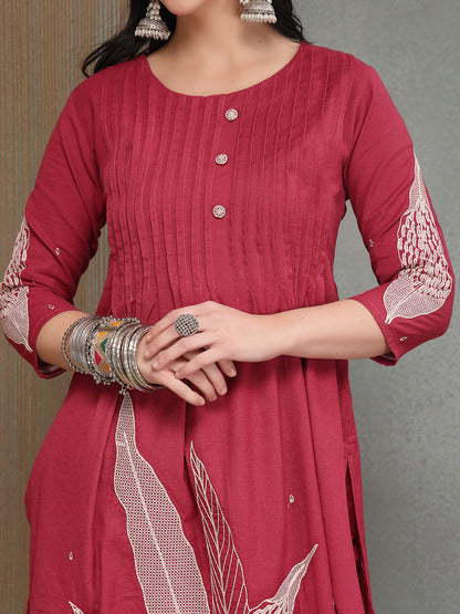 Solid & Embroidered Cotton A-Line Kurta Pant Set